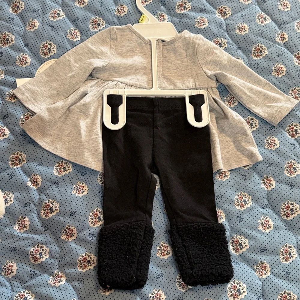Gray top with bunnies and black bottom Set and Stuffed Bunny  0-3mo NWT